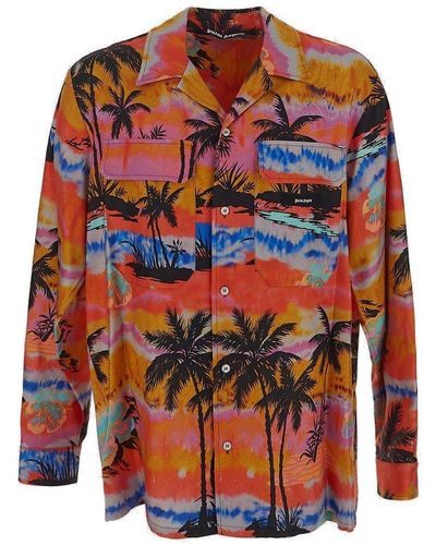 Palm Angels All-over Palm Printed Buttoned Shirt - Red