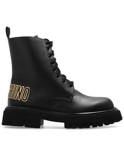 Moschino Logo Printed Lace-up Boots - Black