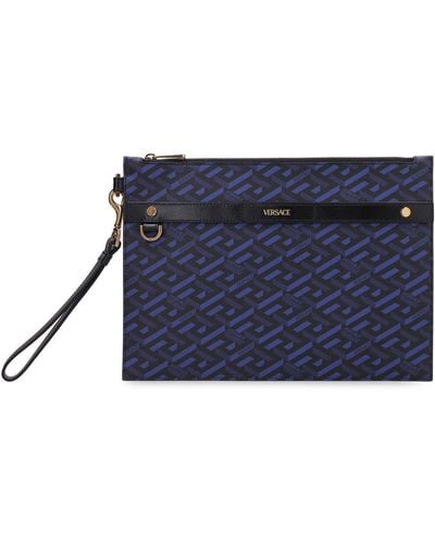 Versace Logo Detailed Zipped Clutch Bag - Blue