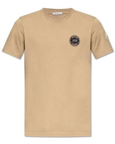 Moncler T-Shirt With Logo Patch - Natural