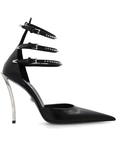 Versace Spike Studded Buckled Pointed Toe Pumps - Black