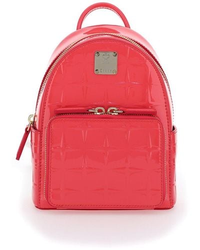 MCM Logo Plaque Embossed Backpack - Red