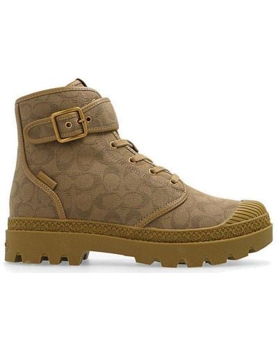 COACH Trooper Buckled Monogram Pattern Lace-up Boots - Brown
