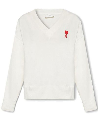 Ami Paris V-neck Knitted Sweater - White