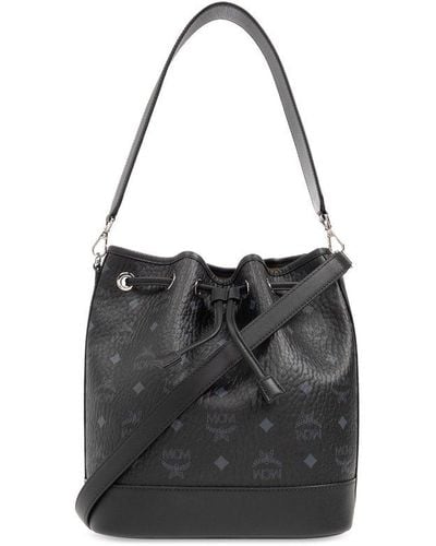 Black Quilted Leather Small Drawstring Bucket Bag