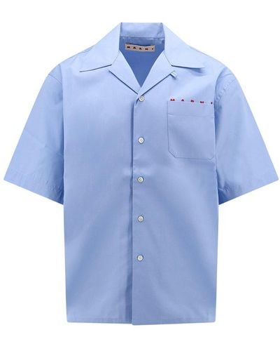 Marni Logo Printed Poplin Bowling Shirt - Blue