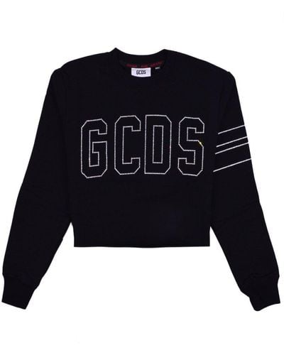 Gcds Logo Embellished Crewneck Cropped Sweater - Blue