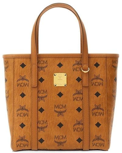 MCM Medium Signature Visetos Coated Canvas Champagne Gold Shopper Tote  Handbag 