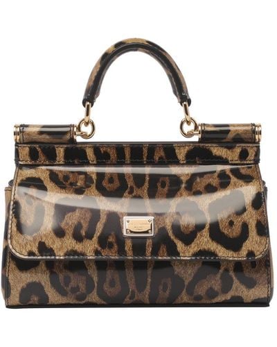 Dolce & Gabbana Small Sicily Bag In Shiny Leopard Print Leather - Brown