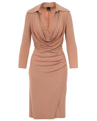 Pinko Gathered Long-sleeved Draped Midi Dress - Brown