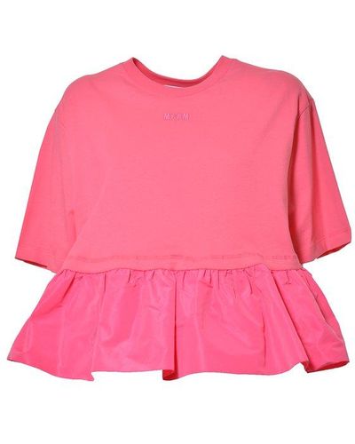 MSGM Logo Embroidered Ruffle Detailed Top - Pink