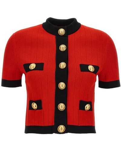 Balmain Logo Buttons Short Sleeves Cardigan Sweater, Cardigans - Red