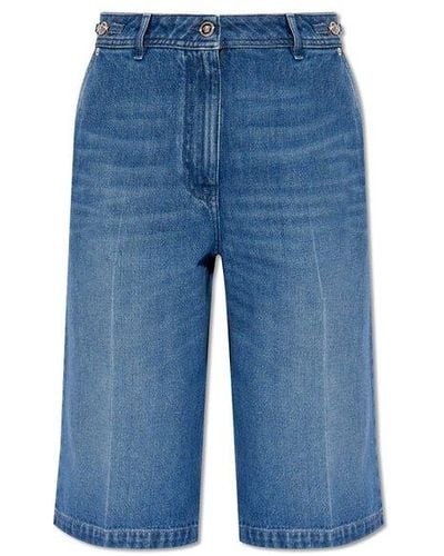 Versace Denim Pleat-front Shorts, - Blue