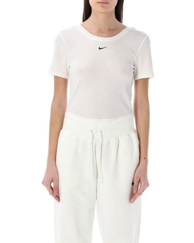 Nike Logo Embroidered Ribbed Cropped T-shirt - White
