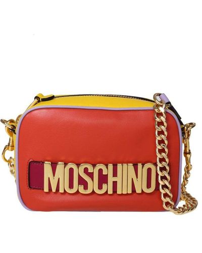 Moschino Camera Bag In Leather With Lettering Logo - Orange