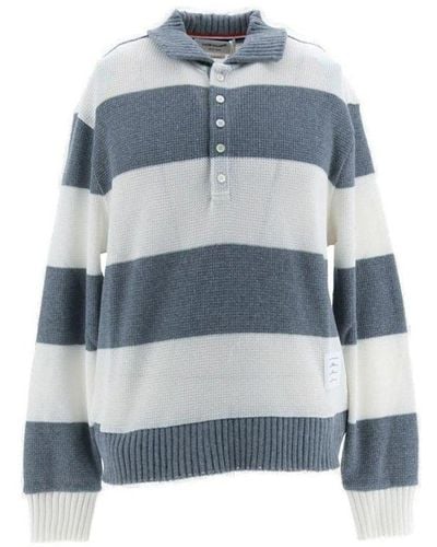 Thom Browne Long Sleeved Striped Knitted Polo Shirt - Blue