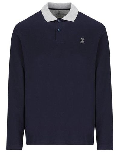 Brunello Cucinelli Logo Embroidered Long-sleeved Polo Shirt - Blue