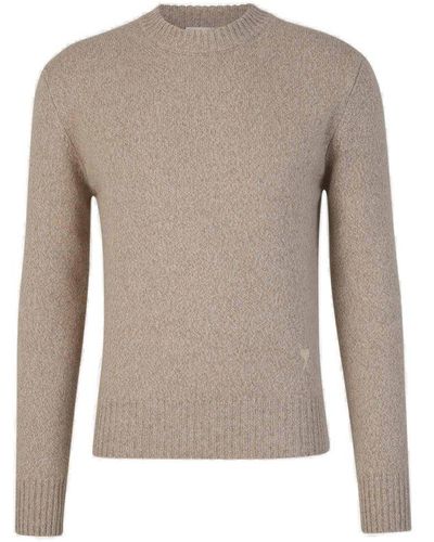 Ami Paris Paris Logo-embroidered Knitted Sweater - Gray