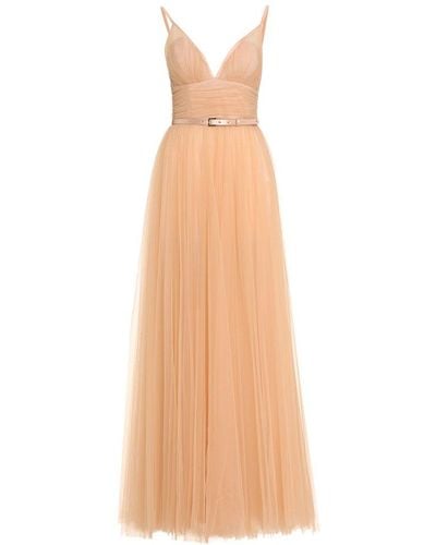 Elisabetta Franchi Red Carpet Pleated Tulle Dress - Natural