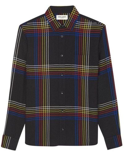 Saint Laurent Shirt With Yves Collar In Check Wool - Blue