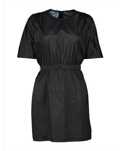 Prada Logo Plaque Belted Waist Dress - Black