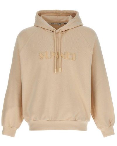 Sunnei Logo Embroidered Drawstring Hoodie - Natural