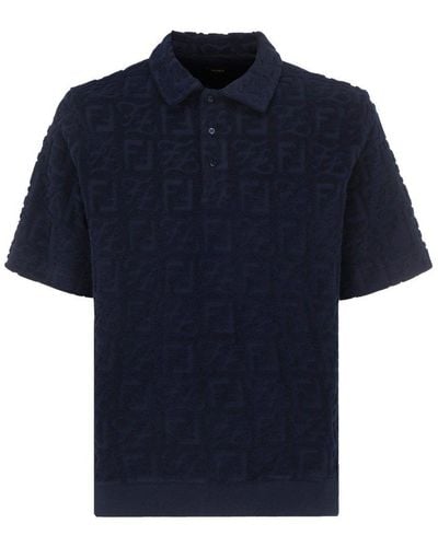 Fendi All-over Logo Embossed Short Sleeved Polo Shirt - Blue