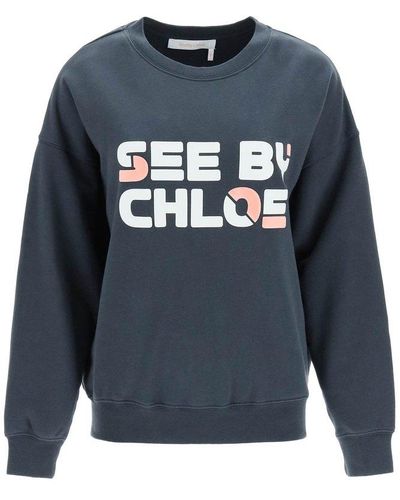 See By Chloé Logo Print Organic Cotton Sweatshirt - Blue