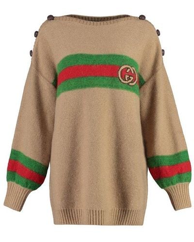 Gucci Striped Boat-neck Relaxed-fit Wool-blend Sweater - Brown