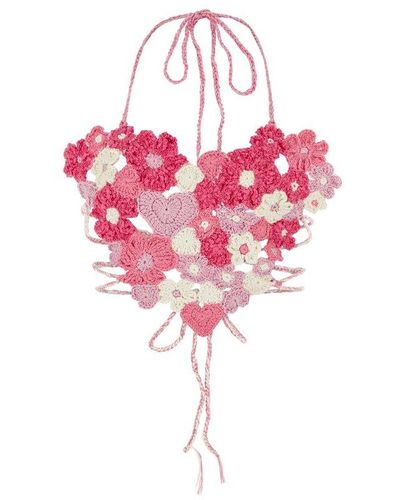 Marco Rambaldi Floral Motif Crochet Knit Cropped Top - Pink
