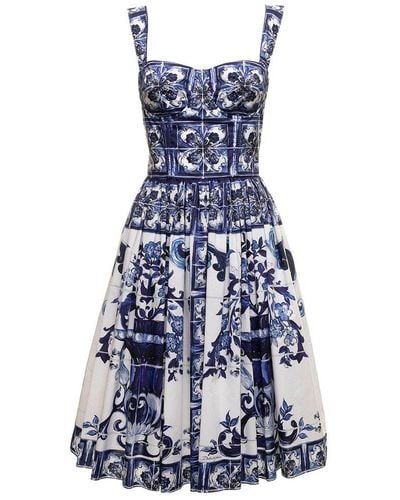 Dolce & Gabbana Maiolica White And E Cotton Poplin Dress Dolce & Gabbana Woman - Blue