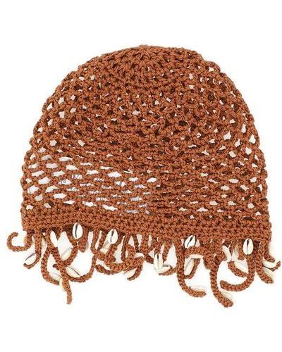 Alanui Mother Nature Cowry Shell Crochet Knit Hat - Brown