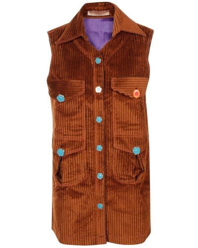 Cormio Corduroy Flower Button Shirt Dress - Brown