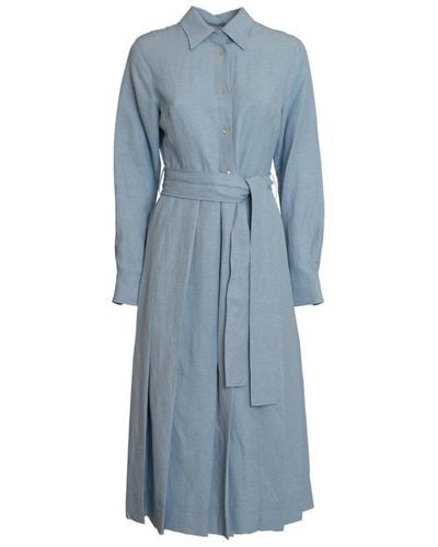 P.A.R.O.S.H. Pleated Belted Midi Shirt Dress - Blue
