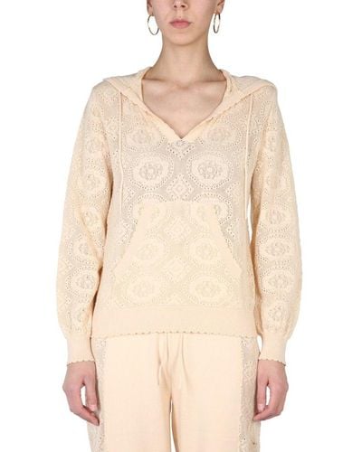Boutique Moschino V-neck Pattern Knit Hoodie - Natural