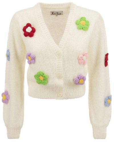 Mc2 Saint Barth Brushed Knit Crop Cardigan With Flowers - White