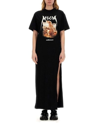 MSGM Laser Eyed Cat-printed Side-slit Maxi Dress - Black