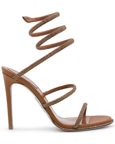 Rene Caovilla René Caovilla Embellished Spiral Strap Heeled Sandals - Brown