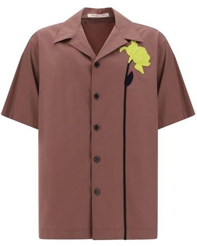 Valentino Floral Embroidered Poplin Bowling Shirt - Brown