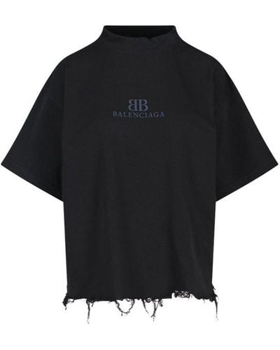 Balenciaga Bb Embroidered Destroyed Cropped T-shirt - Black