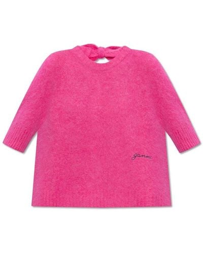 Ganni Sweater With Tie Details, - Pink
