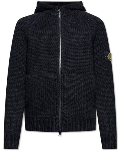 Stone Island Compass-patch Chunky-knitted Zipped Cardigan - Blue
