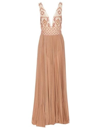 Elisabetta Franchi Red Carpet Dress With Rhombus Embroidery - Natural
