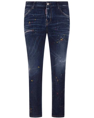 DSquared² Paint Splatter Printed Cropped Jeans - Blue