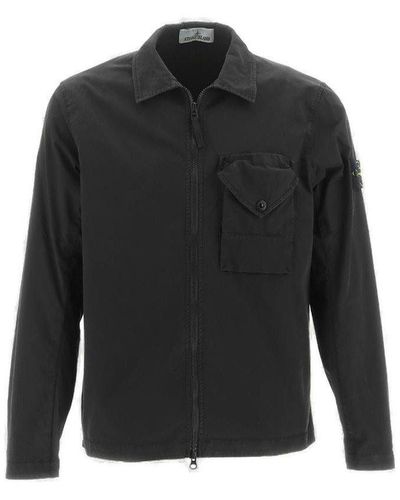 Stone Island Compass-patch Straight Hem Zipped Overshirt - Black