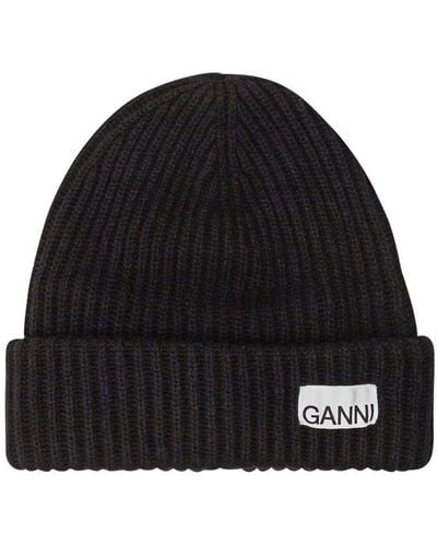 Ganni Logo Patch Oversized Knitted Beanie - Black