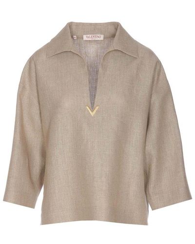 Valentino V-detailed Collared Blouse - Natural