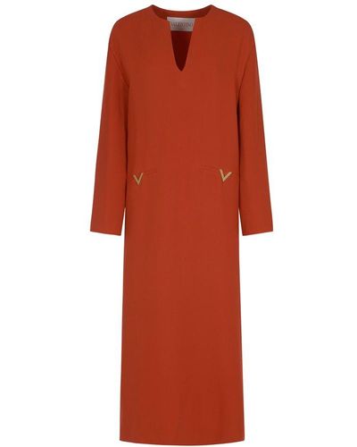 Valentino Split Neck Long-sleeved Midi Dress - Red