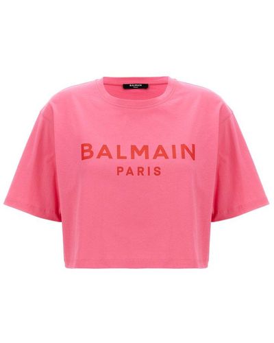 Balmain Logo Printed Cropped T-shirt - Pink