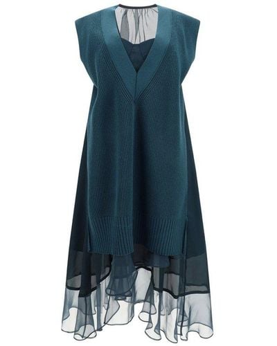 Sacai V-neck Sheer Detailed Dress - Blue